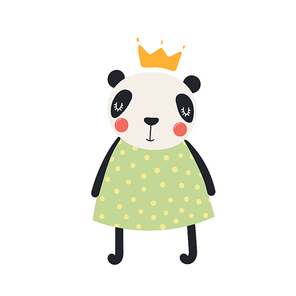Hand drawn vector illustration of a cute funny panda girl in a dress and crown. Isolated objects. Scandinavian style flat design. Concept for children print.