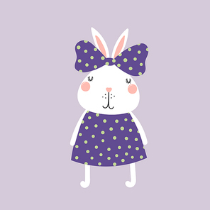 Hand drawn vector illustration of a cute funny bunny girl in a dress, with a ribbon Isolated objects. Scandinavian style flat design. Concept for children print.