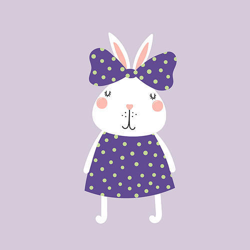 Hand drawn vector illustration of a cute funny bunny girl in a dress, with a ribbon Isolated objects. Scandinavian style flat design. Concept for children .