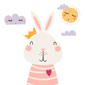 Hand drawn vector illustration of a cute funny bunny in a shirt and crown, with sun and clouds. Isolated objects. Scandinavian style flat design. Concept for children print.