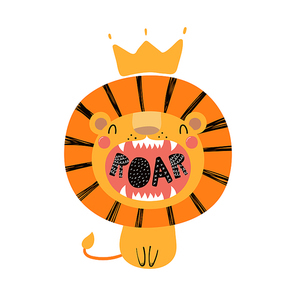 Hand drawn vector illustration of a cute funny lion in a crown, with lettering quote Roar. Isolated objects. Scandinavian style flat design. Concept for children print.