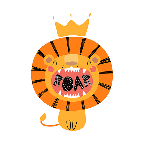 Hand drawn vector illustration of a cute funny lion in a crown, with lettering quote Roar. Isolated objects. Scandinavian style flat design. Concept for children .