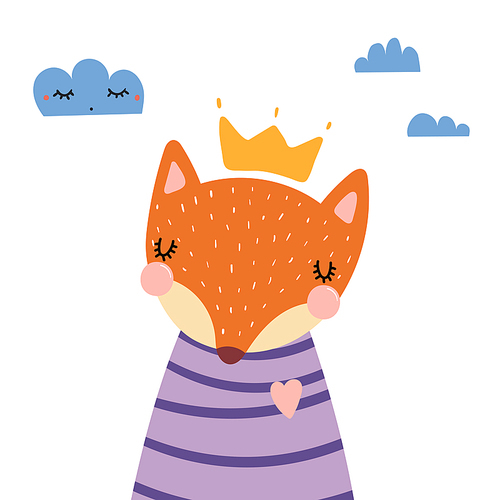 Hand drawn vector illustration of a cute funny fox in a shirt and crown, with clouds. Isolated objects. Scandinavian style flat design. Concept for children .