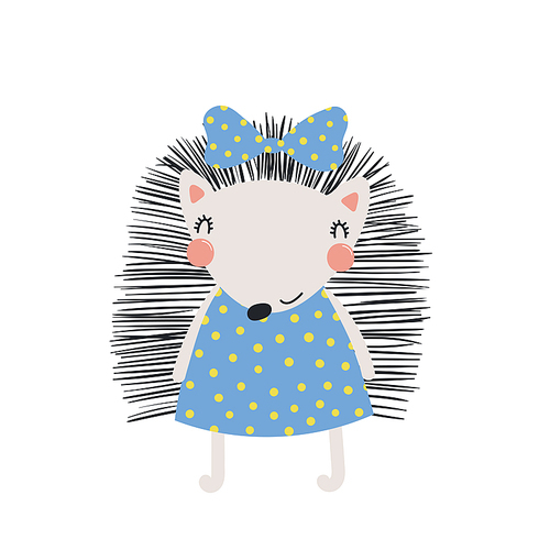 Hand drawn vector illustration of a cute funny hedgehog girl in a dress, with a ribbon. Isolated objects. Scandinavian style flat design. Concept for children print.