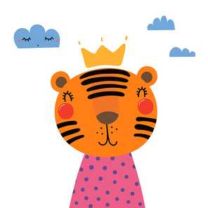 Hand drawn vector illustration of a cute funny tiger in a shirt and crown, with clouds. Isolated objects. Scandinavian style flat design. Concept for children print.