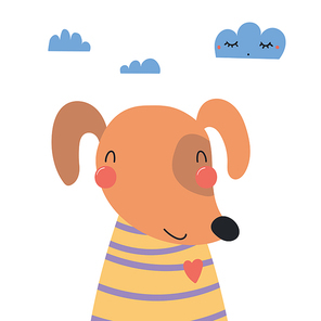 Hand drawn vector illustration of a cute funnny dog in a shirt, with clouds. Isolated objects. Scandinavian style flat design. Concept for children print.