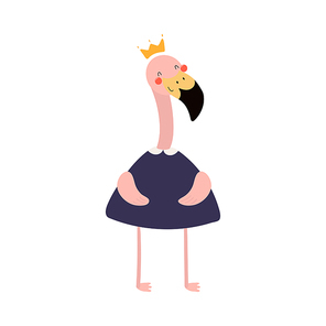 Hand drawn vector illustration of a cute funny flamingo girl in a dress and crown. Isolated objects. Scandinavian style flat design. Concept for children print.