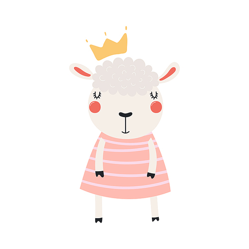 Hand drawn vector illustration of a cute funny sheep girl in a dress and crown. Isolated objects. Scandinavian style flat design. Concept for children .