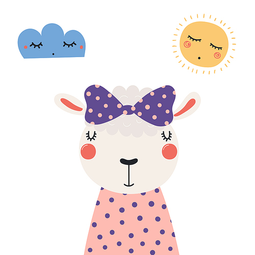 Hand drawn vector illustration of a cute funny sheep girl in a shirt, with a ribbon, with sun and clouds. Isolated objects. Scandinavian style flat design. Concept for children .