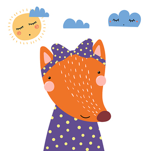 Hand drawn vector illustration of a cute funny fox girl in a shirt, with a ribbon, with sun and clouds. Isolated objects. Scandinavian style flat design. Concept for children print.
