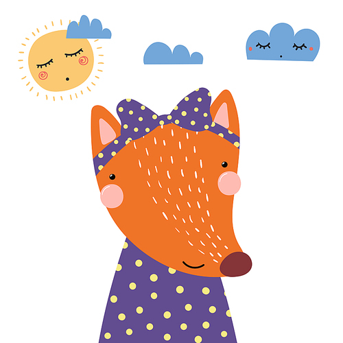 Hand drawn vector illustration of a cute funny fox girl in a shirt, with a ribbon, with sun and clouds. Isolated objects. Scandinavian style flat design. Concept for children .