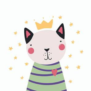 Hand drawn vector illustration of a cute funny cat in a shirt and crown, with stars. Isolated objects. Scandinavian style flat design. Concept for children print.