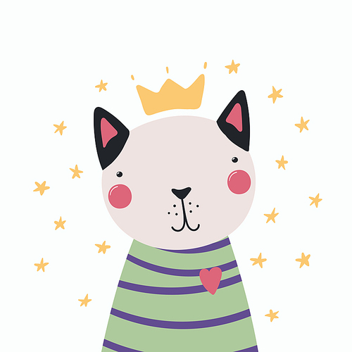 Hand drawn vector illustration of a cute funny cat in a shirt and crown, with stars. Isolated objects. Scandinavian style flat design. Concept for children .