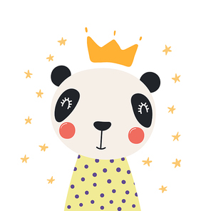 Hand drawn vector illustration of a cute funny panda in a shirt and crown, with stars. Isolated objects. Scandinavian style flat design. Concept for children print.