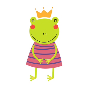 Hand drawn vector illustration of a cute funny frog girl in a dress and crown. Isolated objects. Scandinavian style flat design. Concept for children print.
