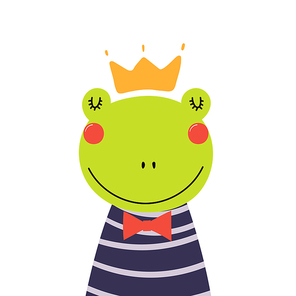 Hand drawn vector illustration of a cute funny frog prince in a shirt and crown. Isolated objects. Scandinavian style flat design. Concept for children print.