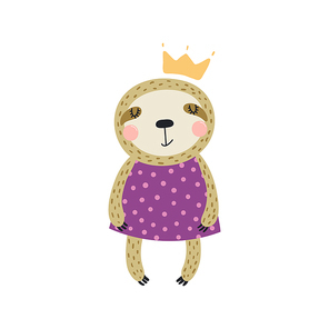 Hand drawn vector illustration of a cute funny sloth girl in a dress and crown. Isolated objects. Scandinavian style flat design. Concept for children print.