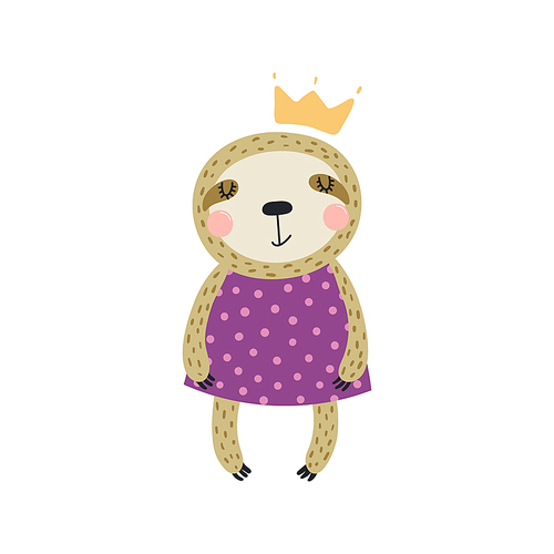 Hand drawn vector illustration of a cute funny sloth girl in a dress and crown. Isolated objects. Scandinavian style flat design. Concept for children .