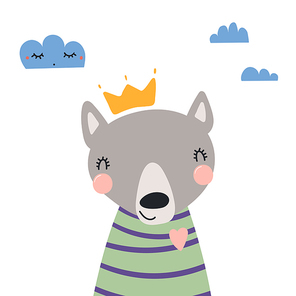 Hand drawn vector illustration of a cute funny wolf in a shirt and crown, with clouds. Isolated objects. Scandinavian style flat design. Concept for children print.