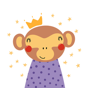 Hand drawn vector illustration of a cute funny monkey in a shirt and crown, with stars. Isolated objects. Scandinavian style flat design. Concept for children print.