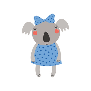 Hand drawn vector illustration of a cute funny koala girl in a dress, with a ribbon Isolated objects. Scandinavian style flat design. Concept for children print.