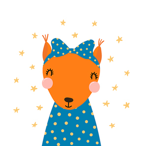 Hand drawn vector illustration of a cute funny squirrel in a shirt, with a ribbon, with stars. Isolated objects. Scandinavian style flat design. Concept for children print.
