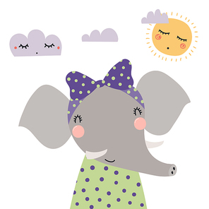 Hand drawn vector illustration of a cute funny elephant girl in a shirt, with a ribbon, with sun and clouds. Isolated objects. Scandinavian style flat design. Concept for children print.