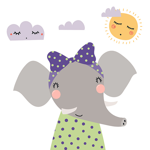 Hand drawn vector illustration of a cute funny elephant girl in a shirt, with a ribbon, with sun and clouds. Isolated objects. Scandinavian style flat design. Concept for children .