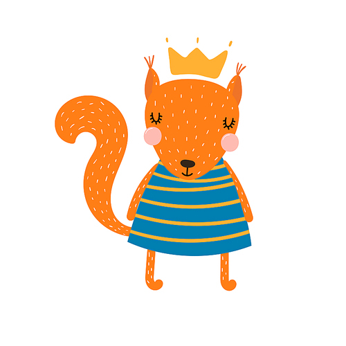 Hand drawn vector illustration of a cute funny squirrel girl in a dress and crown. Isolated objects. Scandinavian style flat design. Concept for children .