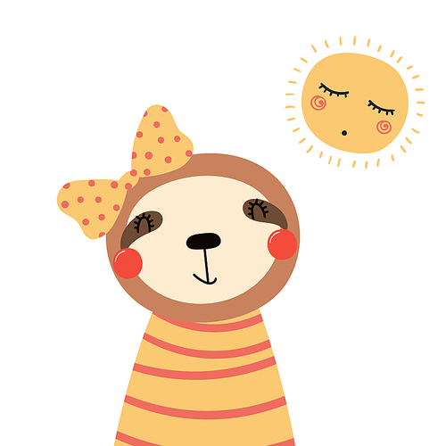 Hand drawn vector illustration of a cute funny sloth girl in a shirt, with a ribbon, with sun. Isolated objects. Scandinavian style flat design. Concept for children .