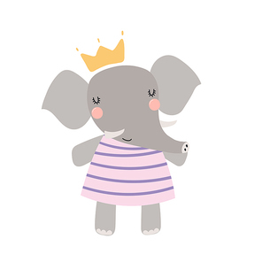 Hand drawn vector illustration of a cute funny elephant girl in a dress and crown. Isolated objects. Scandinavian style flat design. Concept for children print.