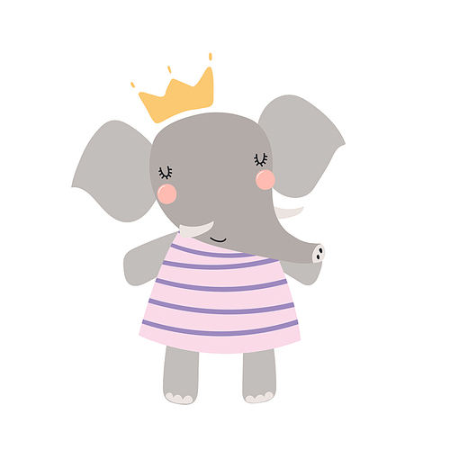 Hand drawn vector illustration of a cute funny elephant girl in a dress and crown. Isolated objects. Scandinavian style flat design. Concept for children .