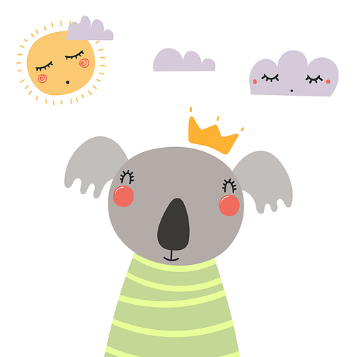 Hand drawn vector illustration of a cute funny koala in a shirt and crown, with sun and clouds. Isolated objects. Scandinavian style flat design. Concept for children .