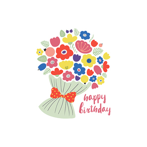 Hand drawn vector illustration of a cute bouquet of flowers, tied with a ribbon, with lettering quote Happy birthday. Isolated objects. Scandinavian style flat design. Concept for children print.