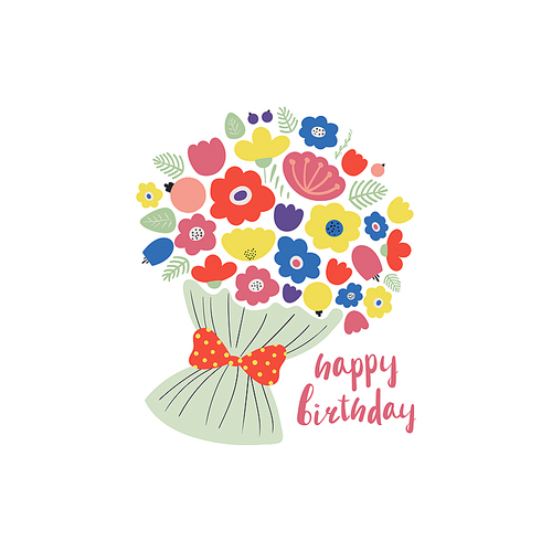 Hand drawn vector illustration of a cute bouquet of flowers, tied with a ribbon, with lettering quote Happy birthday. Isolated objects. Scandinavian style flat design. Concept for children .