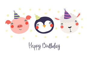 Hand drawn birthday card with cute funny pig, penguin, sheep in party hats, stars, quote Happy birthday. Isolated objects. Scandinavian style flat design. Vector illustration. Concept for kids print.