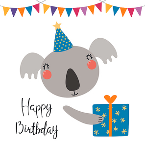 Hand drawn birthday card with cute funny koala in a party hat, bunting, present, quote Happy birthday. Isolated objects. Scandinavian style flat design. Vector illustration. Concept for kids print.