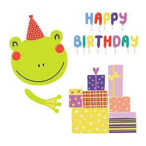 Hand drawn birthday card with cute funny frog in a party hat, presents, balloons quote Happy birthday. Isolated objects. Scandinavian style flat design. Vector illustration. Concept for kids print.