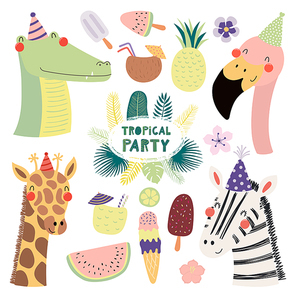 Hand drawn vector illustration of a cute funny crocodile, flamingo, giraffe, zebra in party hats, with fruit, ice cream, cocktails, quote. Isolated objects. Scandinavian style flat design. Invitation.