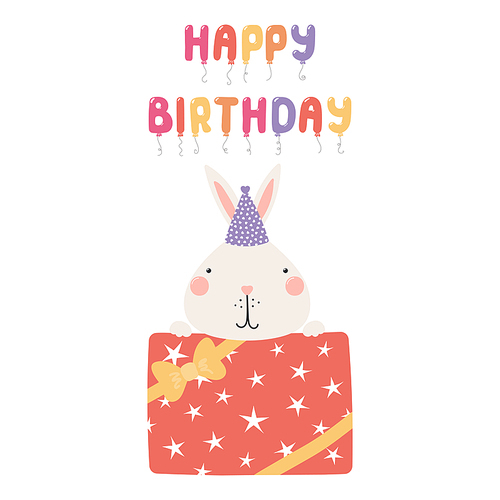 Hand drawn birthday card with cute funny bunny in a party hat, present, ballons quote Happy birthday. Isolated objects. Scandinavian style flat design. Vector illustration. Concept for kids print.