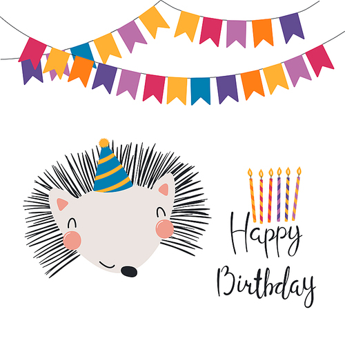 Hand drawn birthday card with cute funny hedgehog in a party hat, bunting, lettering quote Happy birthday. Isolated objects. Scandinavian style flat design. Vector illustration. Concept for kids