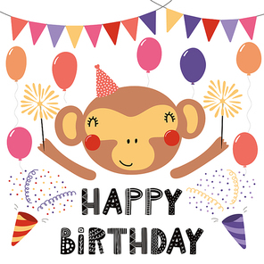 Hand drawn birthday card with cute funny monkey in a party hat, bunting, poppers, balloons, sparklers, quote. Isolated objects. Scandinavian style flat design. Vector illustration. Concept kids print.