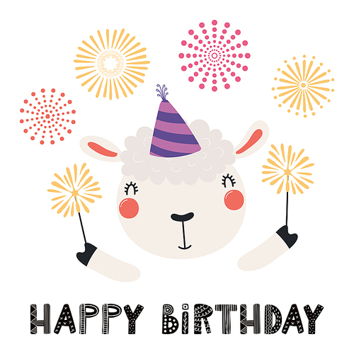 Hand drawn birthday card with cute funny sheep in a party hat, sparklers, fireworks, quote Happy birthday. Isolated objects. Scandinavian style flat design. Vector illustration. Concept for kids