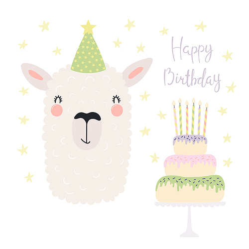 Hand drawn birthday card with cute funny llama in a party hat, cake with candles, quote Happy birthday. Isolated objects. Scandinavian style flat design. Vector illustration. Concept for kids .