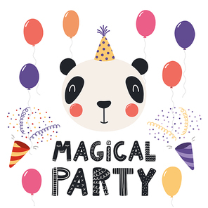 Hand drawn birthday card with cute funny panda in a party hat, balloons, poppers, quote Magical party. Isolated objects. Scandinavian style flat design. Vector illustration. Concept for kids print.