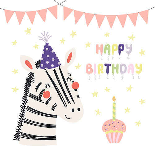 Hand drawn birthday card with cute funny zebra in a party hat, bunting, cupcake, quote Happy birthday. Isolated objects. Scandinavian style flat design. Vector illustration. Concept for kids .