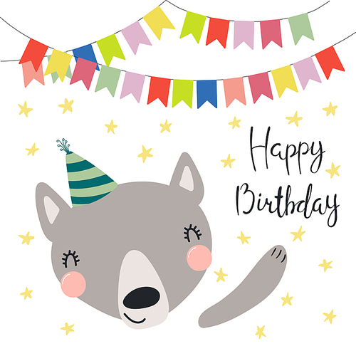 Hand drawn birthday card with cute funny wolf in a party hat, bunting, lettering quote Happy birthday. Isolated objects. Scandinavian style flat design. Vector illustration. Concept for kids .