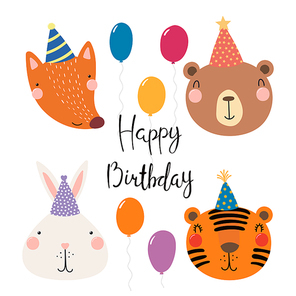 Hand drawn birthday card with cute funny fox, bear, bunny, tiger in party hats, balloons, quote. Isolated objects. Scandinavian style flat design. Vector illustration. Concept for kids print.