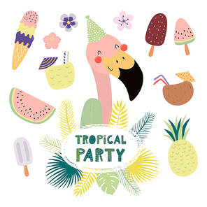 Hand drawn vector illustration of a cute funny flamingo in a party hat, with fruit, ice cream, cocktails, quote Tropical party. Isolated objects. Scandinavian style flat design. Concept invitation.
