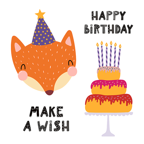 Hand drawn birthday card with cute funny fox in a party hat, cake with candles, quote Make a wish. Isolated objects. Scandinavian style flat design. Vector illustration. Concept for kids .